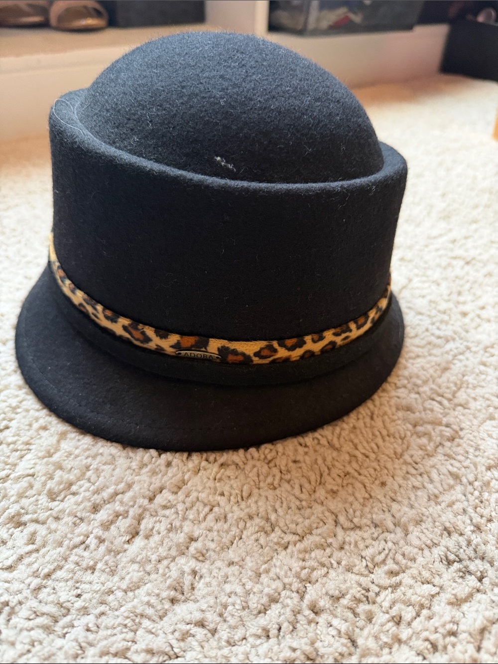 Black Wool Fedora with Leopard Trim - womens Accessory